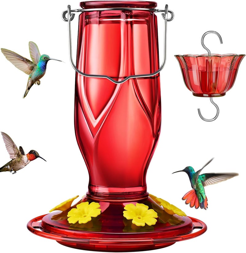 Kingsyard مغذي زهور النحل من كينغزيارد (Kingsyard Glass Hummingbird Feeder)، يحتوي على 6 فتحات لتغذية الطيور، مصمم للتعليق في الحديقة، سعته 16 أونصة، مقاوم للصدأ والتسرب، مناسب لزينة الحدائق الخلفية، يأتي مع حاجز ضد النمل، بلون أحمر داكن. - Image 1