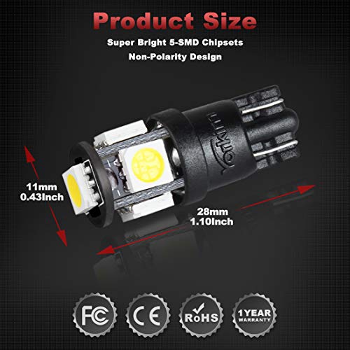 Yorkim مصابيح LED Yorkim T10 6500K أبيض زيرون غير قطبي الجيل السادس، 194 LED داخلي لمصابيح السيارة، مصابيح السقف، مصابيح الخريطة، مصابيح الأبواب، مصابيح لوحة الترخيص، مصابيح صندوق الأمتعة 168 W5W 2825، عبوة من 10 - Image 2