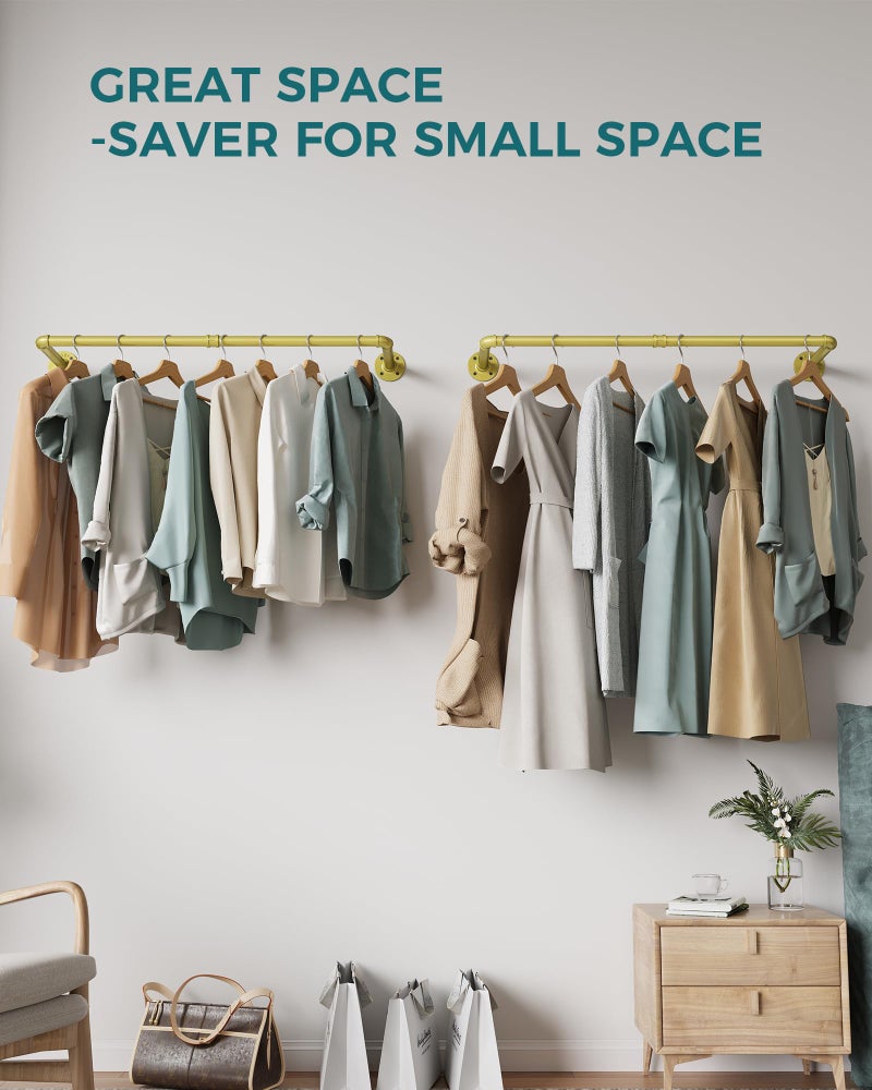 OROPY Industrial Pipe Clothes Rack Wall Mounted Set of 2, 38.4 inches Heavy Duty Iron Pipe Clothing Garment Rail, Multi-Purpose Clothing Hanging Rod for Laundry Room and Closet Storage, Gold - Image 2