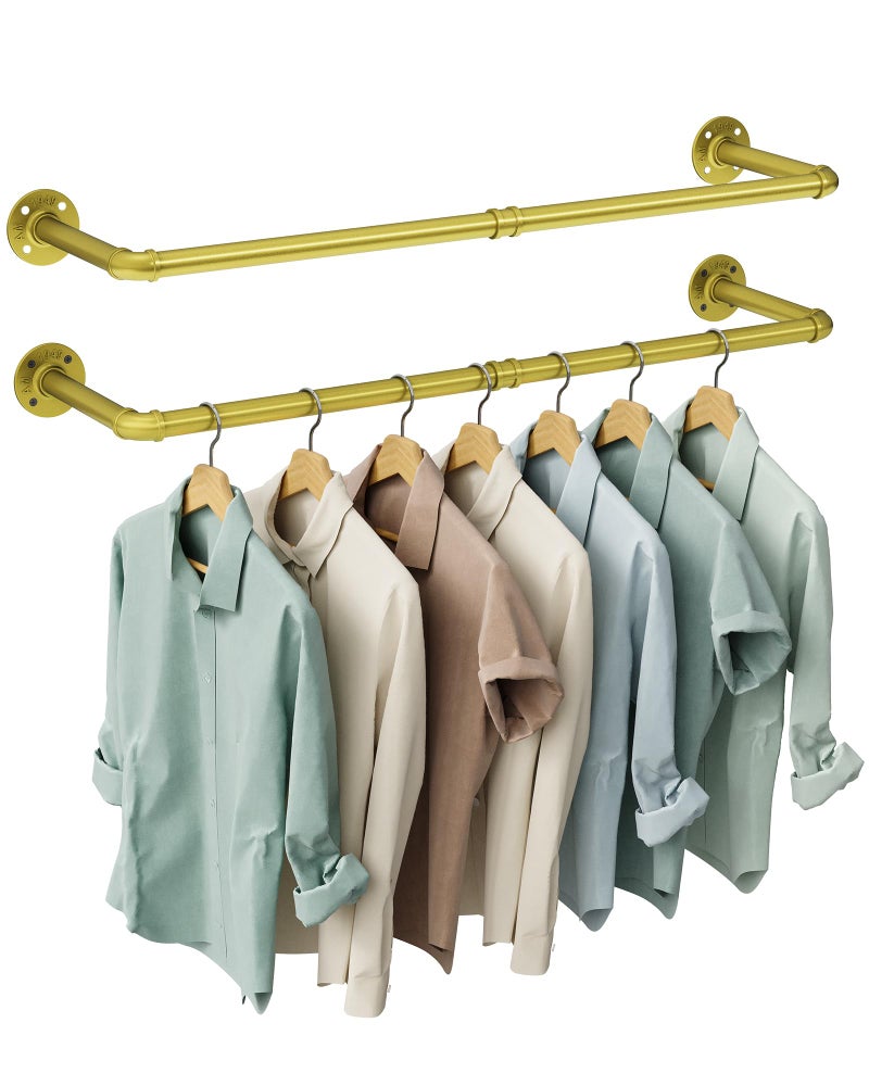 OROPY Industrial Pipe Clothes Rack Wall Mounted Set of 2, 38.4 inches Heavy Duty Iron Pipe Clothing Garment Rail, Multi-Purpose Clothing Hanging Rod for Laundry Room and Closet Storage, Gold - Image 1