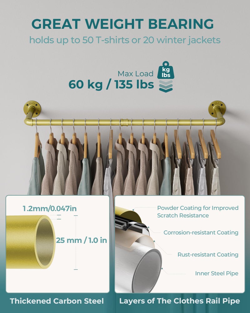 OROPY Industrial Pipe Clothes Rack Wall Mounted Set of 2, 38.4 inches Heavy Duty Iron Pipe Clothing Garment Rail, Multi-Purpose Clothing Hanging Rod for Laundry Room and Closet Storage, Gold - Image 3