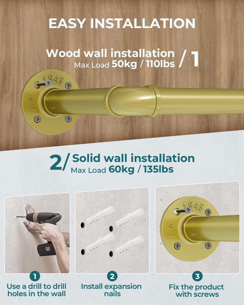 OROPY Industrial Pipe Clothes Rack Wall Mounted Set of 2, 38.4 inches Heavy Duty Iron Pipe Clothing Garment Rail, Multi-Purpose Clothing Hanging Rod for Laundry Room and Closet Storage, Gold - Image 5