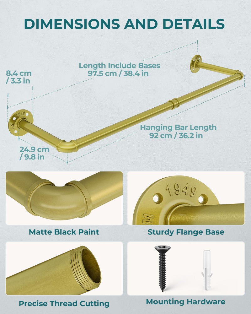 OROPY Industrial Pipe Clothes Rack Wall Mounted Set of 2, 38.4 inches Heavy Duty Iron Pipe Clothing Garment Rail, Multi-Purpose Clothing Hanging Rod for Laundry Room and Closet Storage, Gold - Image 4