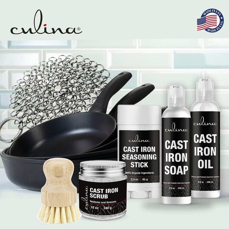 Culina Cast Iron Soap & Stick & Conditioning Oil & Stainless Scrubber &Restoring Scrub & Brush | All Natural Ingredients | Best For Cleaning  Non-Stick Cooking & Restoring | For Cast Iron Cookware - Image 2