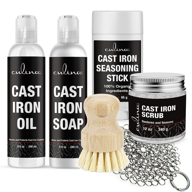 Culina Cast Iron Soap & Stick & Conditioning Oil & Stainless Scrubber &Restoring Scrub & Brush | All Natural Ingredients | Best For Cleaning  Non-Stick Cooking & Restoring | For Cast Iron Cookware - Image 1