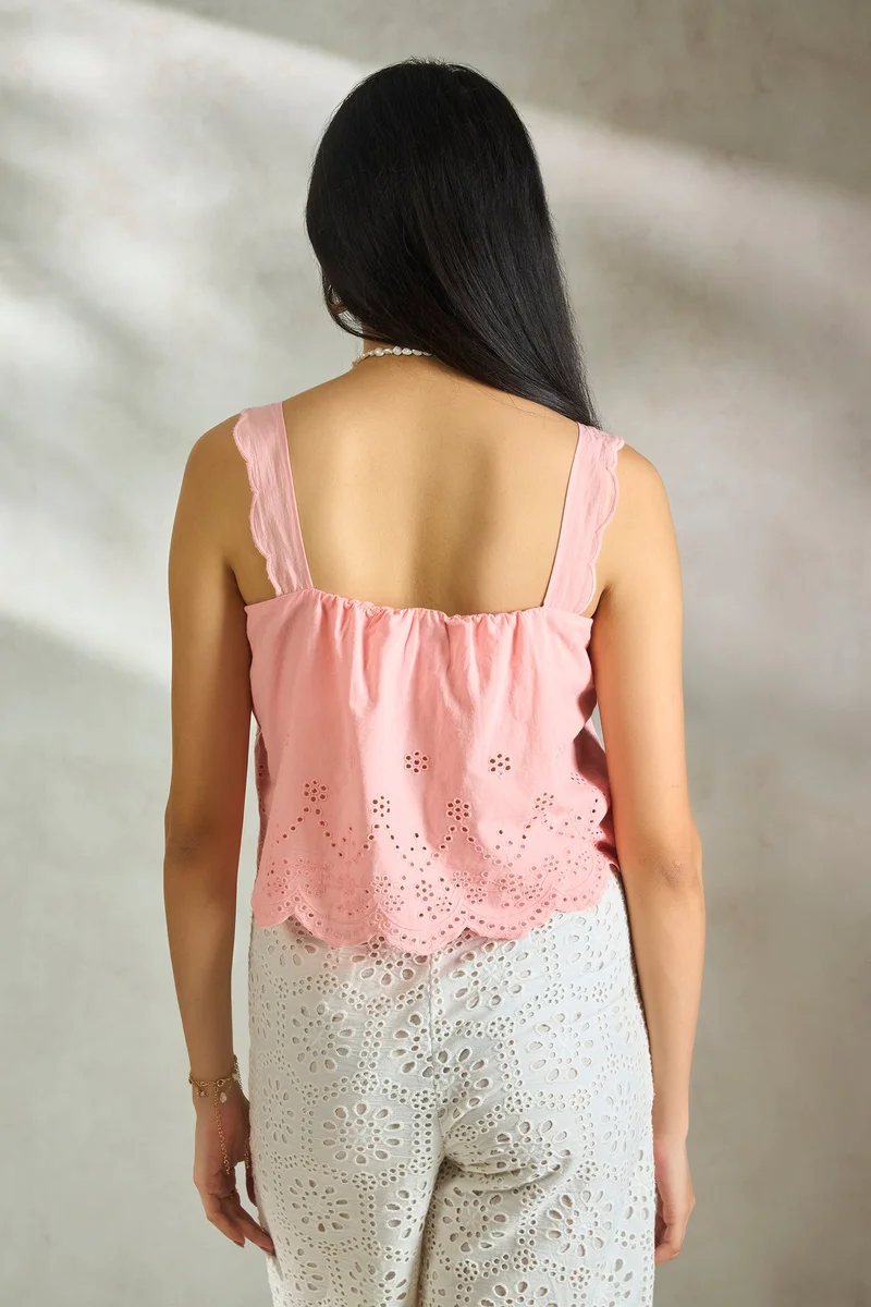 فيرجيو Cotton Schiffli Daywear Scalloped Strap Tops for Women