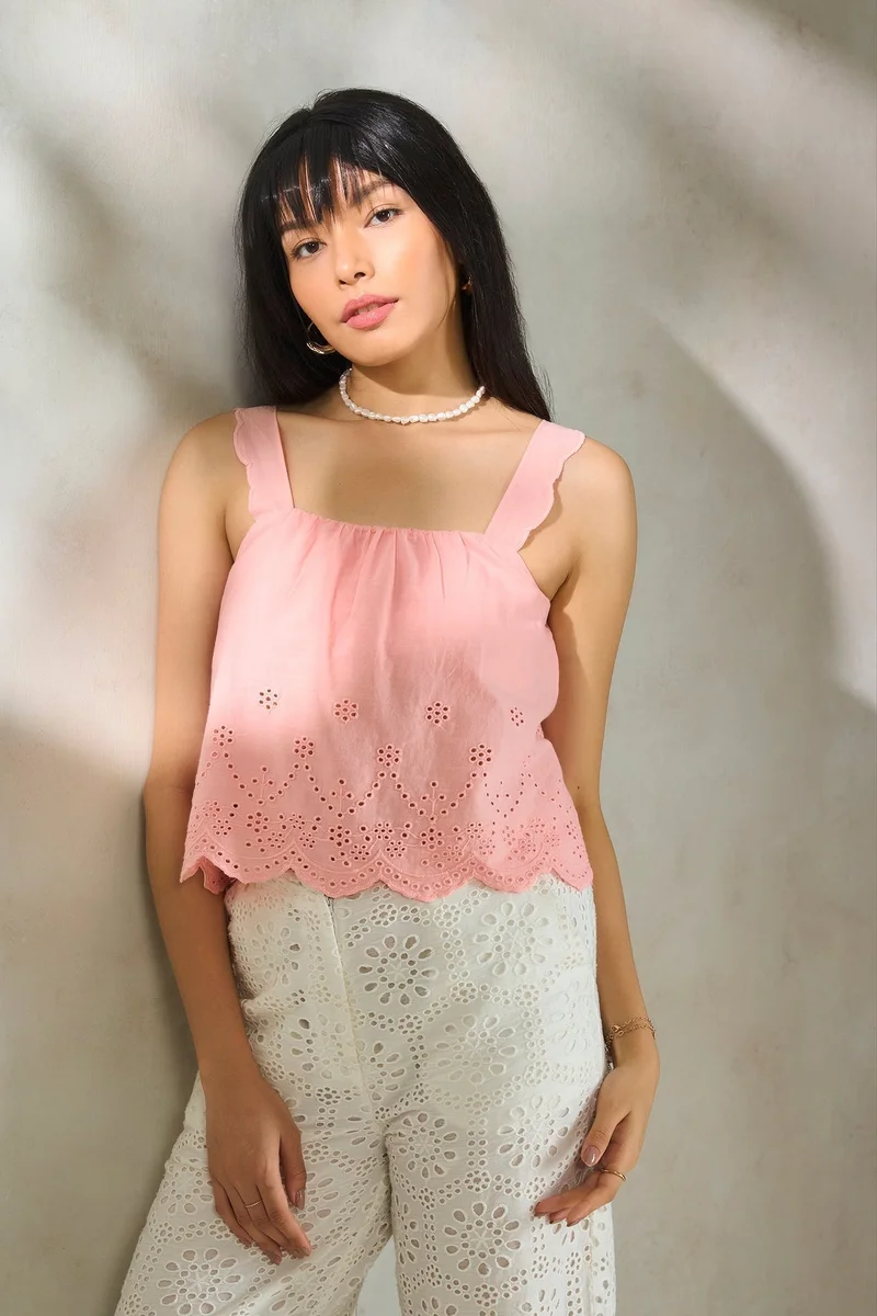 Virgio Cotton Schiffli Daywear Scalloped Strap Tops for Women