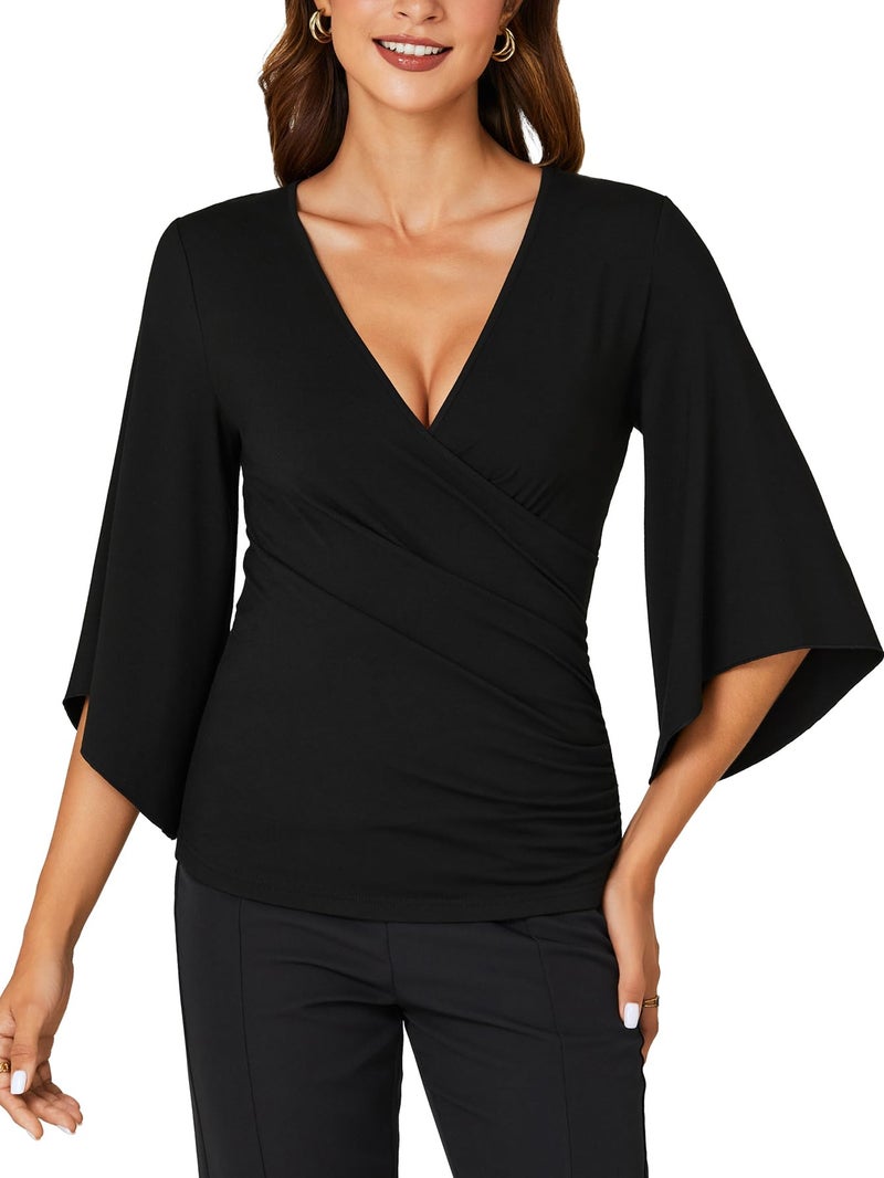 KIFOVEN Women's 3/4 Bell Sleeve Blouse Deep V Neck Wrap Ruched Tops Sexy Slim Fit Dressy Casual Work Shirt 2026 Trendy Tunic Black Large - Image 1