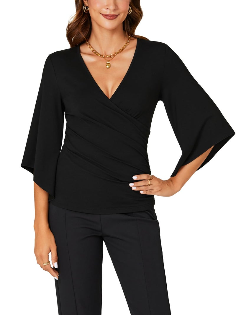 KIFOVEN Women's 3/4 Bell Sleeve Blouse Deep V Neck Wrap Ruched Tops Sexy Slim Fit Dressy Casual Work Shirt 2026 Trendy Tunic Black Large - Image 2