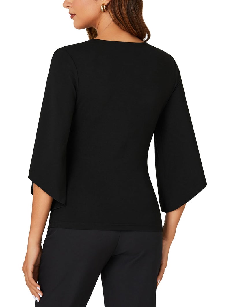 KIFOVEN Women's 3/4 Bell Sleeve Blouse Deep V Neck Wrap Ruched Tops Sexy Slim Fit Dressy Casual Work Shirt 2026 Trendy Tunic Black Large - Image 5
