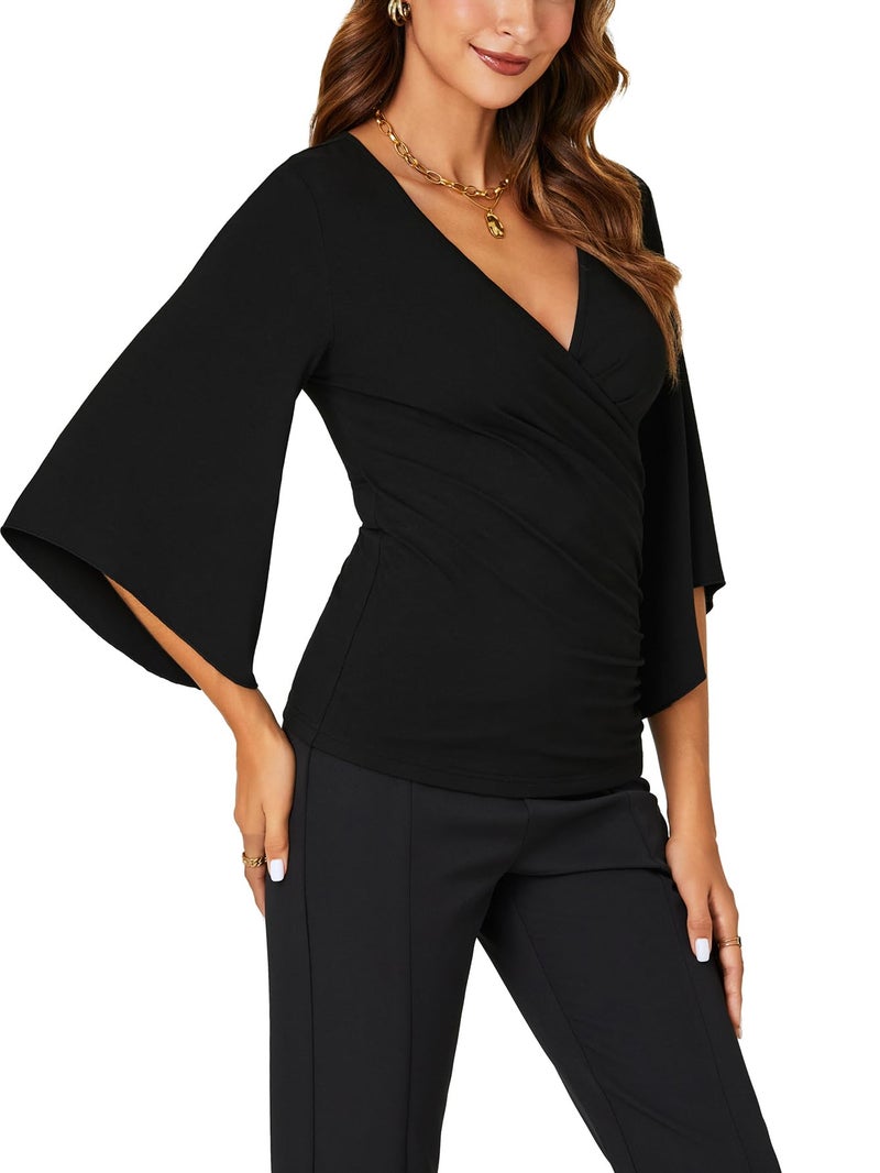 KIFOVEN Women's 3/4 Bell Sleeve Blouse Deep V Neck Wrap Ruched Tops Sexy Slim Fit Dressy Casual Work Shirt 2026 Trendy Tunic Black Large - Image 4
