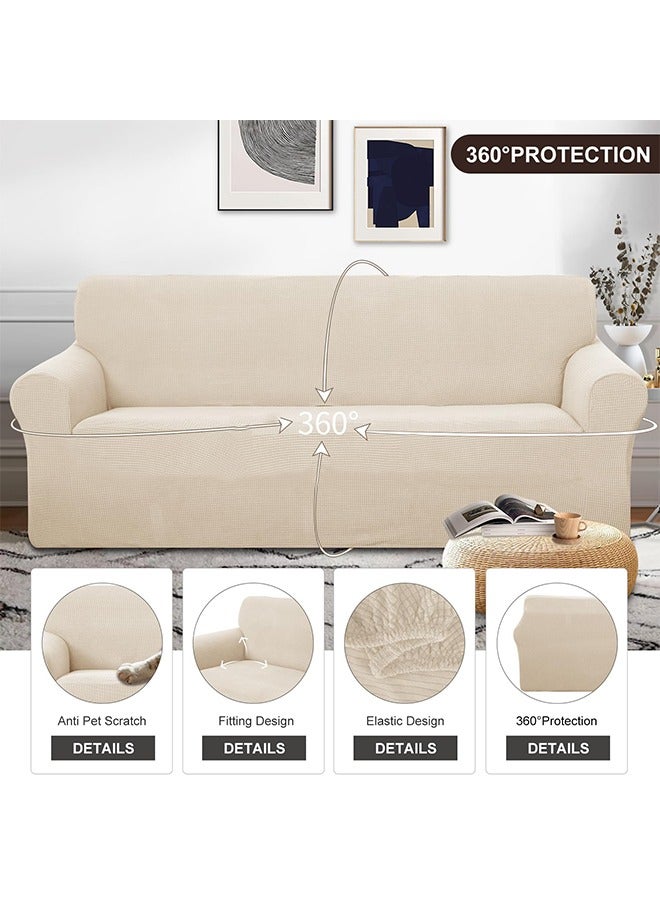 عربست غطاء كنب 3 مقاعد من زغب الذرة فائق المرونة مقاوم للماء والتجاعيد تلبيسة كنب كامل الغطاء رائع ورقيق غير قابل للانزلاق من الجاكار المرن المرن اغطية كنب القشدة 190-230 سم - Image 4