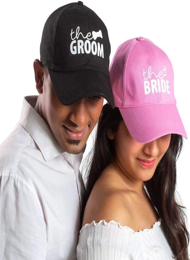 AICA Bride & Groom Cotton Cap for Men and Women � Black & Pink (Pack of 2)| Pre Wedding Photo Shoot Prop & Dress Outfit - Image 1