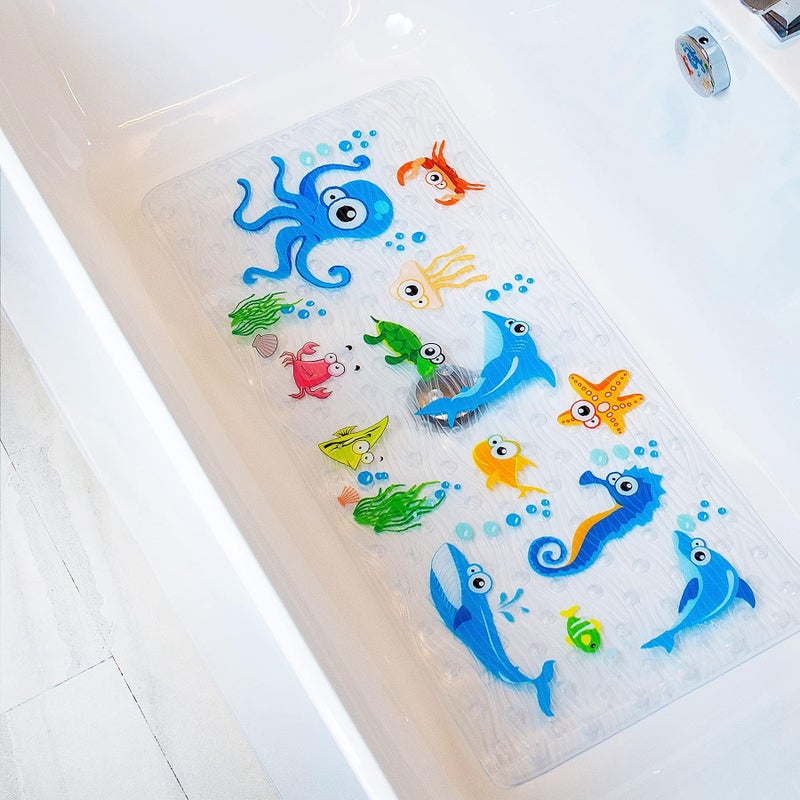 BEEHOMEE Bath Mats for Tub Kids,Baby Toddler - Large Cartoon Non-Slip Bathroom Bathtub Anti-Slip Shower Mats for Floor 35x15,Machine Washable XL Size Bathroom Mats (Blue-Octopus) - Image 1