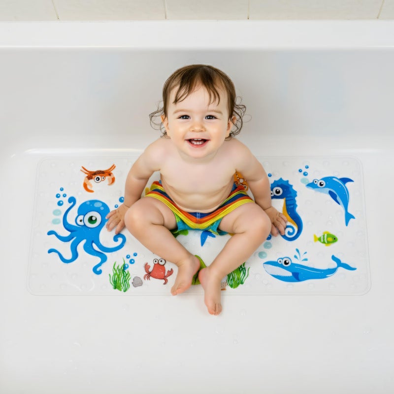BEEHOMEE Bath Mats for Tub Kids,Baby Toddler - Large Cartoon Non-Slip Bathroom Bathtub Anti-Slip Shower Mats for Floor 35x15,Machine Washable XL Size Bathroom Mats (Blue-Octopus) - Image 2