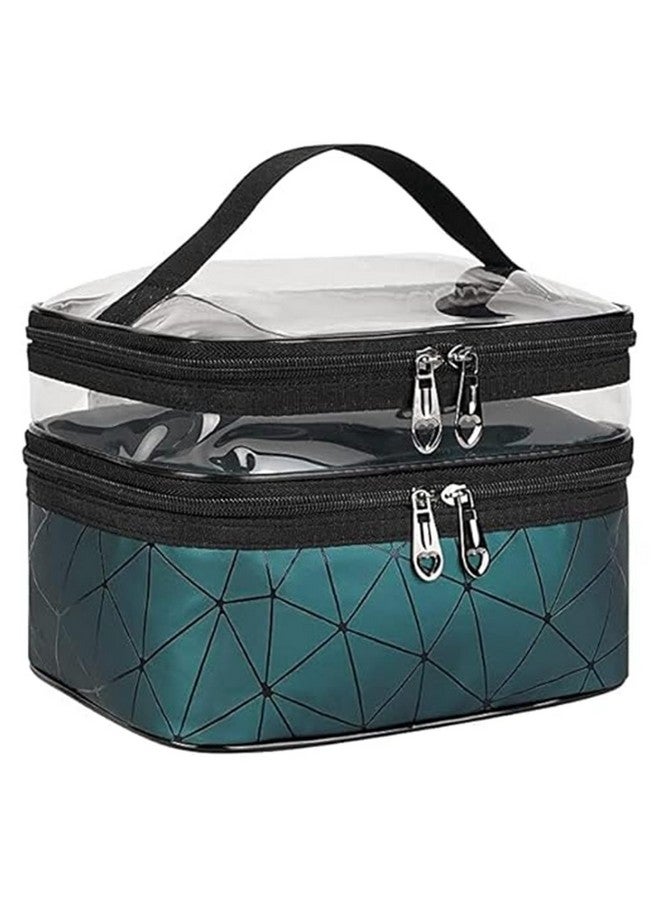 EAFTOS Transparent Makeup Bags Double Layer Travel Cosmetic Cases Make up Organizer Toiletry Bag with 2 Zipper for Women & Girl (Diamond Green) - Image 1