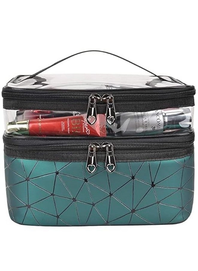 EAFTOS Transparent Makeup Bags Double Layer Travel Cosmetic Cases Make up Organizer Toiletry Bag with 2 Zipper for Women & Girl (Diamond Green) - Image 3