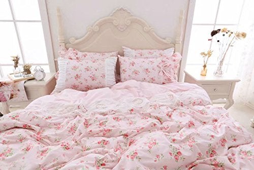 LELVA Romantic Roses Print Duvet Cover Set with Bed Skirt Pink Lace Ruffle Floral Shabby Chic Bedding Sets Queen 4 Piece - Image 4