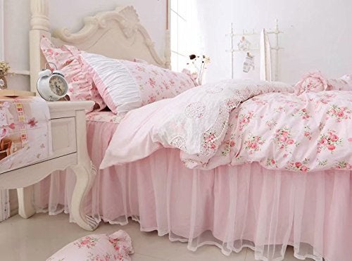LELVA Romantic Roses Print Duvet Cover Set with Bed Skirt Pink Lace Ruffle Floral Shabby Chic Bedding Sets Queen 4 Piece - Image 2