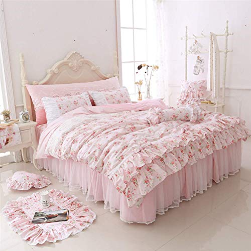 LELVA Romantic Roses Print Duvet Cover Set with Bed Skirt Pink Lace Ruffle Floral Shabby Chic Bedding Sets Queen 4 Piece - Image 1