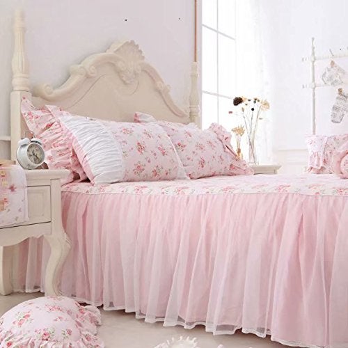 LELVA Romantic Roses Print Duvet Cover Set with Bed Skirt Pink Lace Ruffle Floral Shabby Chic Bedding Sets Queen 4 Piece - Image 3