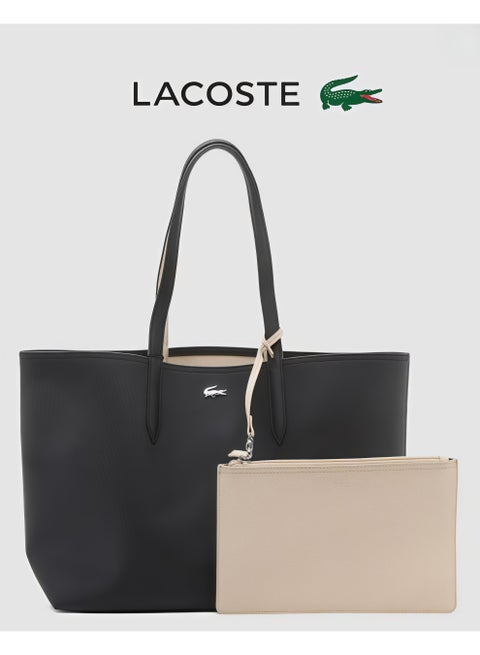 Lacoste Women's Double-sided Two-color Large Capacity Handbag, Fashionable and Multifunctional, Black/Apricot
