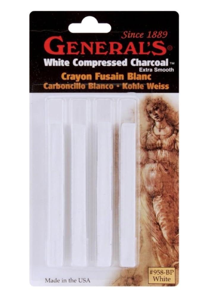 GENERAL'S White Compressed Charcoal Set - Extra Smooth, 4 High-Quality Sticks for Drawing