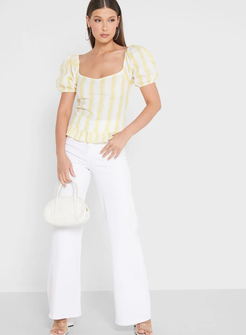 DOROTHY PERKINS Balloon Sleeve Striped Ruffle Detail Top