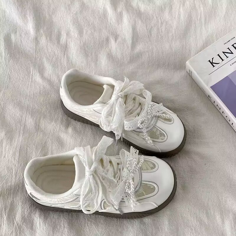 Women's Lace-Up Sneakers with Mesh Upper and Pearl Strap - Image 2