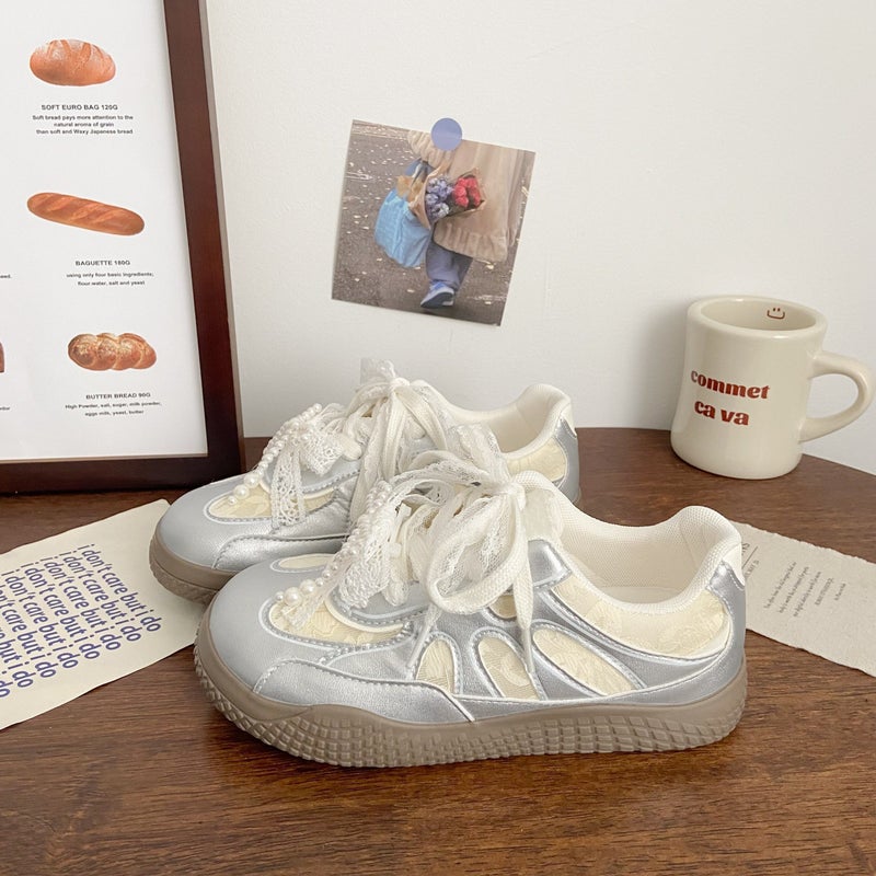 Women's Lace-Up Sneakers with Mesh Upper and Pearl Strap - Image 3