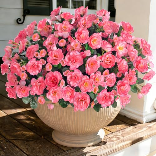 Ivydale Artificial Faux Flowers Plants for Outdoor Outside Spring Decoration Fake Silk Pink Camellia UV Resistant Realistic for Planter Pot Porch Patio Balcony Garden Yard Home Decor 3 Large Bundles - Image 1