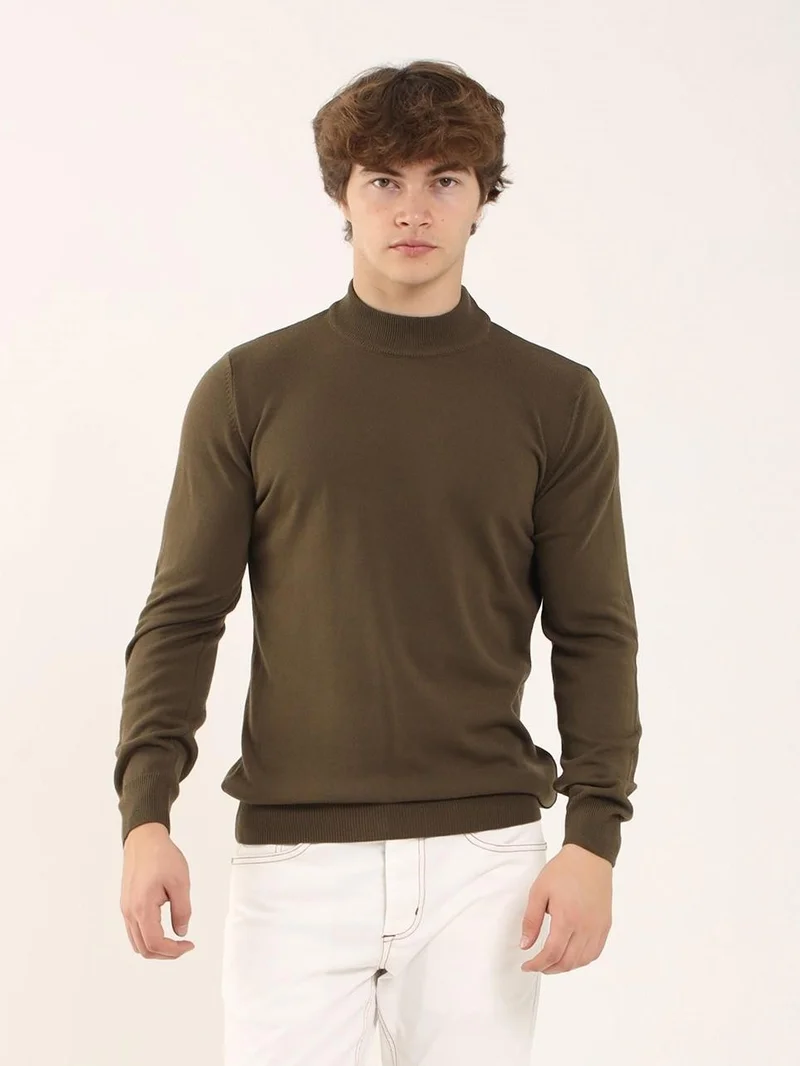 Dufy Khaki Men's Slim Fit Half Turtleneck Knitwear - 91087