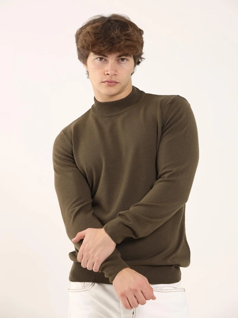 Dufy Khaki Men's Slim Fit Half Turtleneck Knitwear - 91087