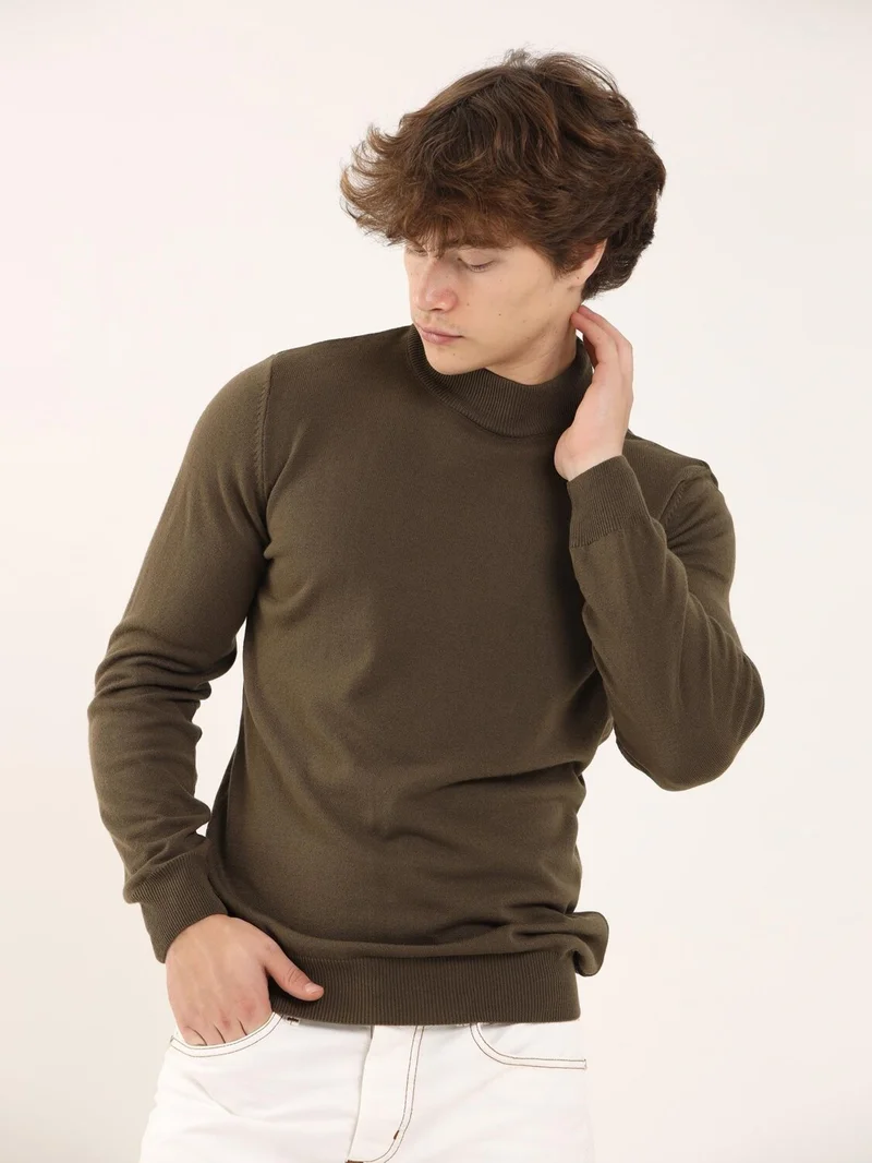 Dufy Khaki Men's Slim Fit Half Turtleneck Knitwear - 91087