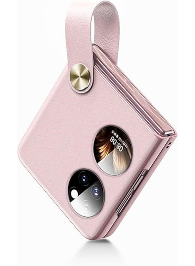 Compatible with Huawei P50 Pocket Case with Strap, Premium PU Leather Case with Grip for Women Girl, Shockproof Protective Case for Huawei P50 Pocket