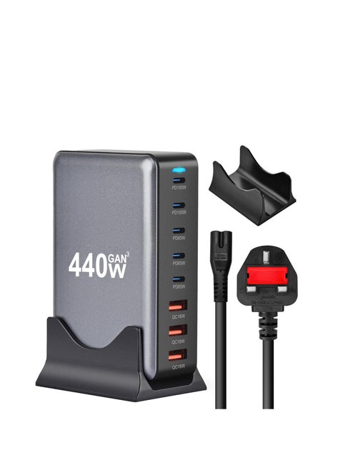 USB-A and USB-C Charging Station, 440W Total Power, 5 Type-C Ports (2 × 100W, 3 × 65W) and 3 USB-A Ports (QC 18W), GaN Technology Charging Base with 1.5m Power Cord, Black