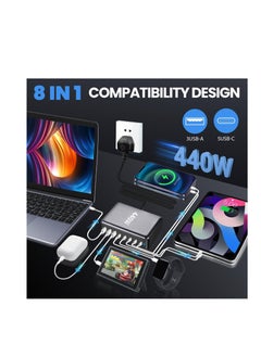 ARCOON USB-A and USB-C Charging Station, 440W Total Power, 5 Type-C Ports (2 × 100W, 3 × 65W) and 3 USB-A Ports (QC 18W), GaN Technology Charging Base with 1.5m Power Cord, Black  - Image 2
