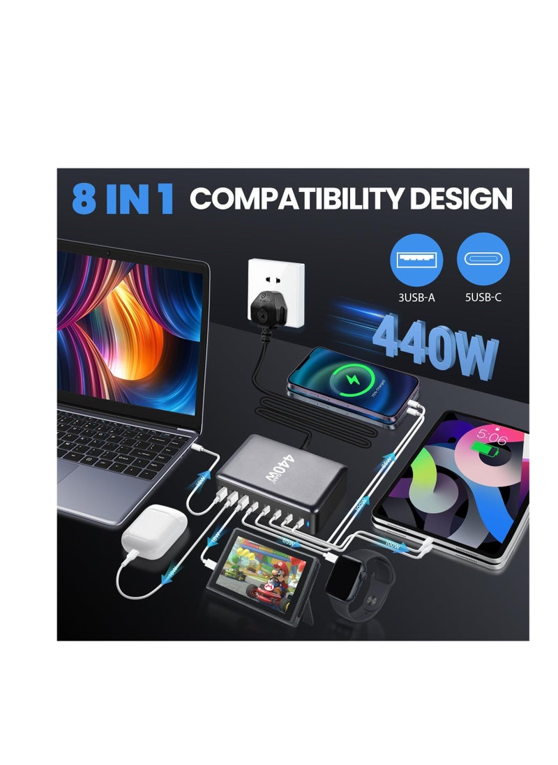 USB-A and USB-C Charging Station, 440W Total Power, 5 Type-C Ports (2 × 100W, 3 × 65W) and 3 USB-A Ports (QC 18W), GaN Technology Charging Base with 1.5m Power Cord, Black