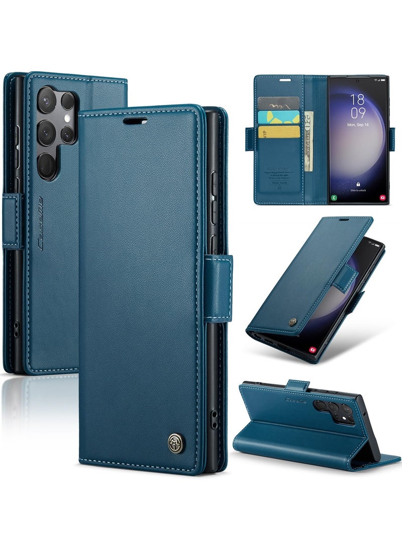 CaseMe Phone Case Luxury PU Leather Design Anti Fingerprint 023 Flip Cover Card Slot Holder Cover For Samsung Galaxy S23 Ultra (Blue) - Image 1