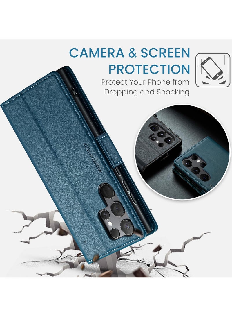 CaseMe Phone Case Luxury PU Leather Design Anti Fingerprint 023 Flip Cover Card Slot Holder Cover For Samsung Galaxy S23 Ultra (Blue) - Image 2