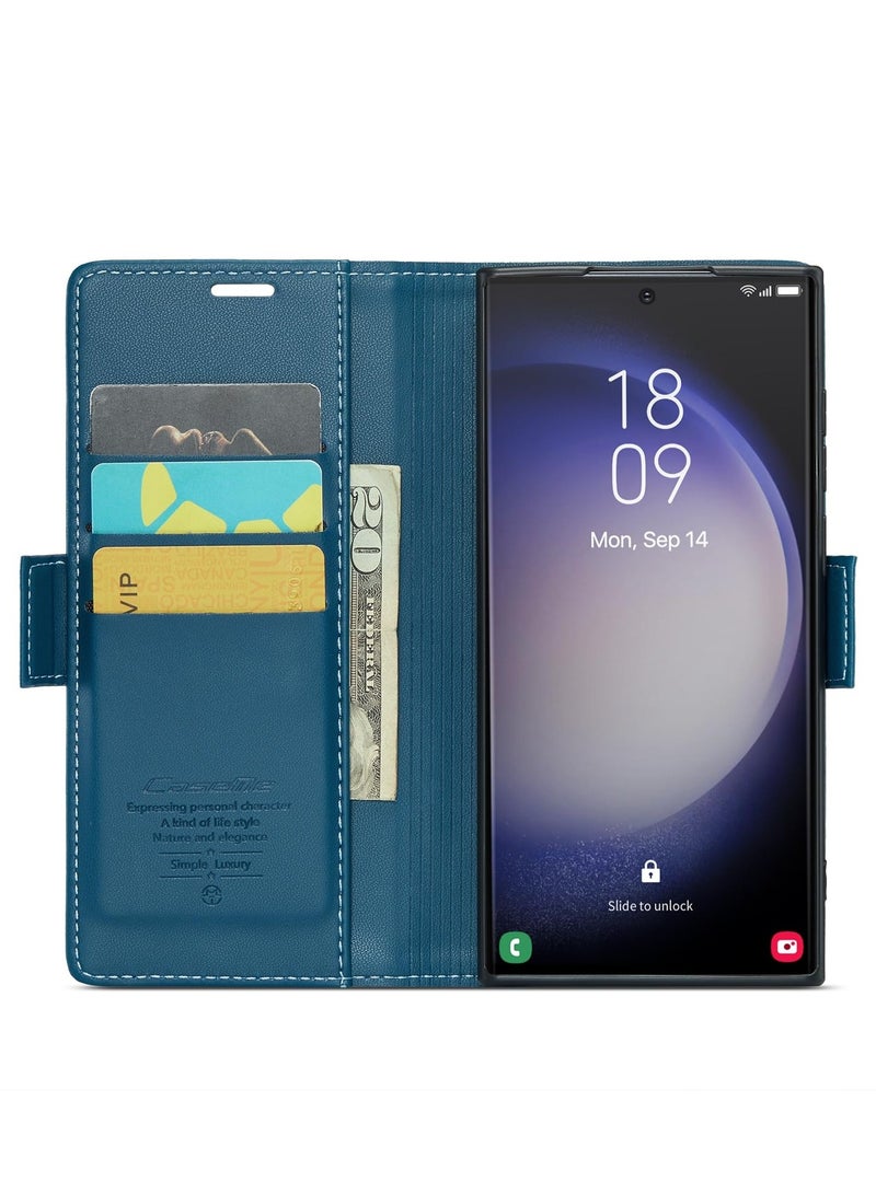 CaseMe Phone Case Luxury PU Leather Design Anti Fingerprint 023 Flip Cover Card Slot Holder Cover For Samsung Galaxy S23 Ultra (Blue) - Image 4
