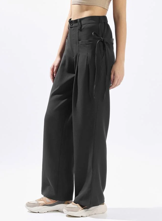 Hubberholme  Charcoal Wide Leg Trousers for Women Wide Leg Fit 91% Polyester 9% Spandex Button Closure for Women | Best Price UAE