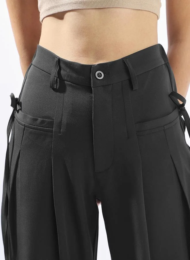 Hubberholme  Charcoal Wide Leg Trousers for Women Wide Leg Fit 91% Polyester 9% Spandex Button Closure for Women | Best Price UAE