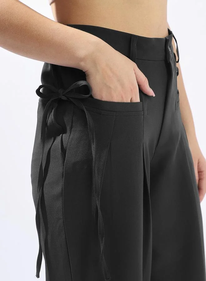 Hubberholme  Charcoal Wide Leg Trousers for Women Wide Leg Fit 91% Polyester 9% Spandex Button Closure for Women | Best Price UAE