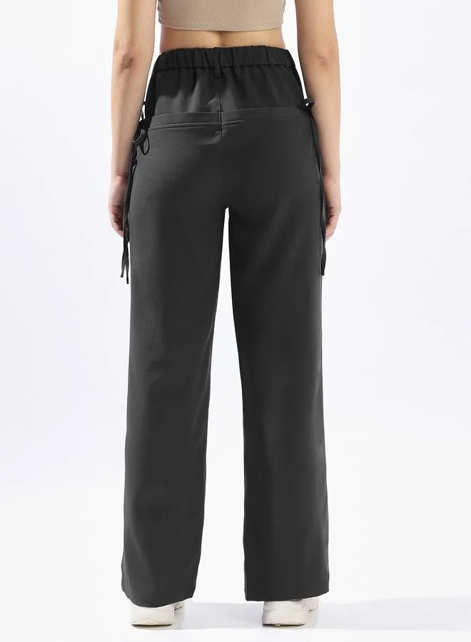 Hubberholme  Charcoal Wide Leg Trousers for Women Wide Leg Fit 91% Polyester 9% Spandex Button Closure for Women | Best Price UAE