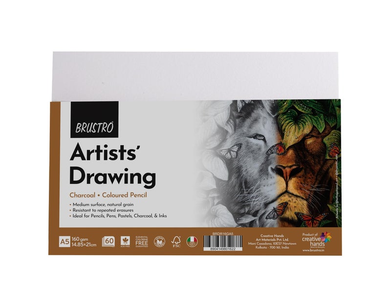 Brustro Artists Drawing Paper 160 GSM A5 Size, Pack of 60 Sheets. Ideal for Students,Adults, Coloring, Art, Craft, Natural Grain, Graphite, Charcoal, Pastels, Sketching, Shading, Drawing and Portrait - Image 1