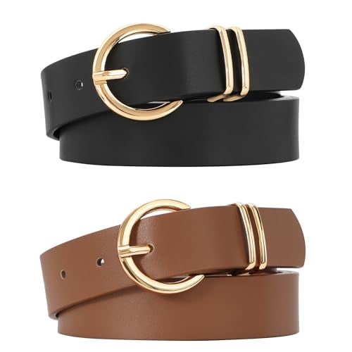 VONMELLI 2 Pack Women's Leather Belts for Jeans Dresses Fashion Gold Buckle Ladies Belt Black+Light Coffee,M - Image 1