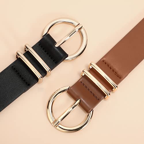 VONMELLI 2 Pack Women's Leather Belts for Jeans Dresses Fashion Gold Buckle Ladies Belt Black+Light Coffee,M - Image 2