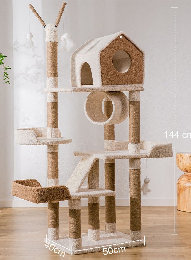 S-Color Cat Tree 144cm Cat Tower House for Indoor Cats Kittens Multi-Level Cat Furniture Condo with Plush Perch and Scratching Board Beige - Image 2