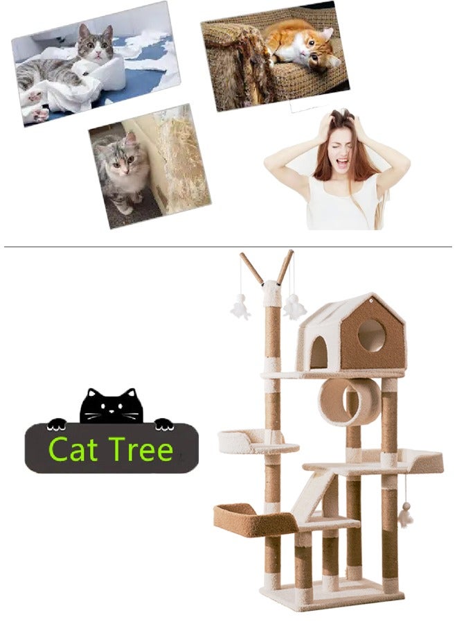 S-Color Cat Tree 144cm Cat Tower House for Indoor Cats Kittens Multi-Level Cat Furniture Condo with Plush Perch and Scratching Board Beige - Image 5